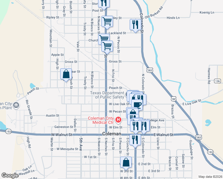 map of restaurants, bars, coffee shops, grocery stores, and more near 217 North Frio Street in Coleman