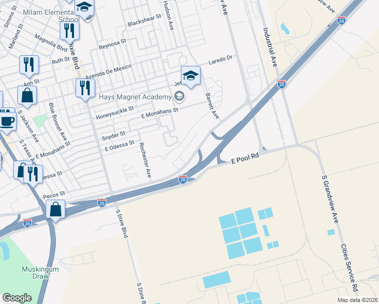 map of restaurants, bars, coffee shops, grocery stores, and more near 1301 East Pool Road in Odessa