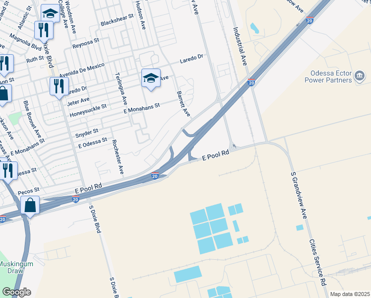 map of restaurants, bars, coffee shops, grocery stores, and more near Interstate 20 in Odessa