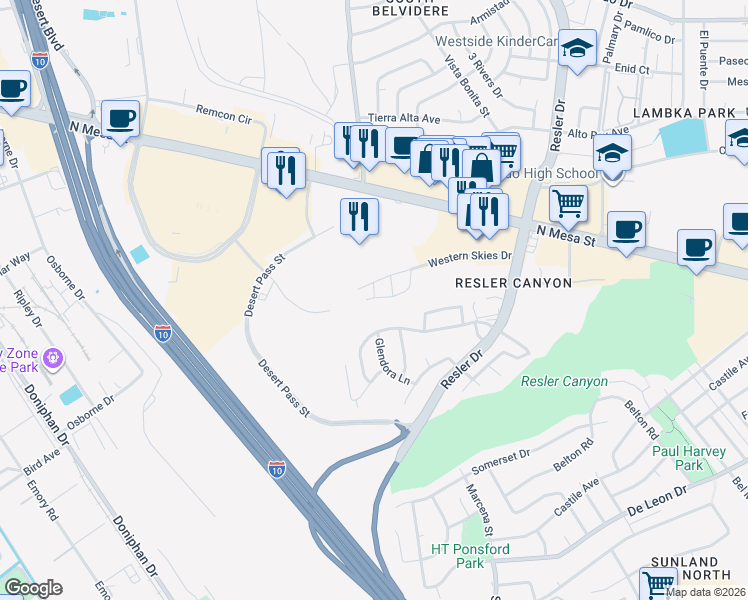 map of restaurants, bars, coffee shops, grocery stores, and more near 150 Silver Shadow Drive in El Paso
