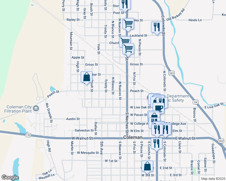 map of restaurants, bars, coffee shops, grocery stores, and more near 302 North Blanco Street in Coleman
