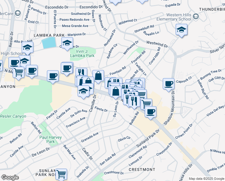 map of restaurants, bars, coffee shops, grocery stores, and more near 101 Rio Flor Place in El Paso