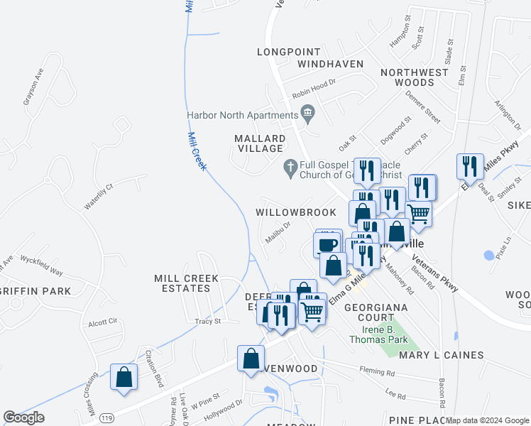 map of restaurants, bars, coffee shops, grocery stores, and more near 957 Gulfstream Road in Hinesville