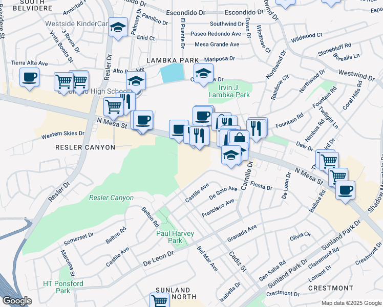 map of restaurants, bars, coffee shops, grocery stores, and more near 170 S Alto Mesa Dr in El Paso
