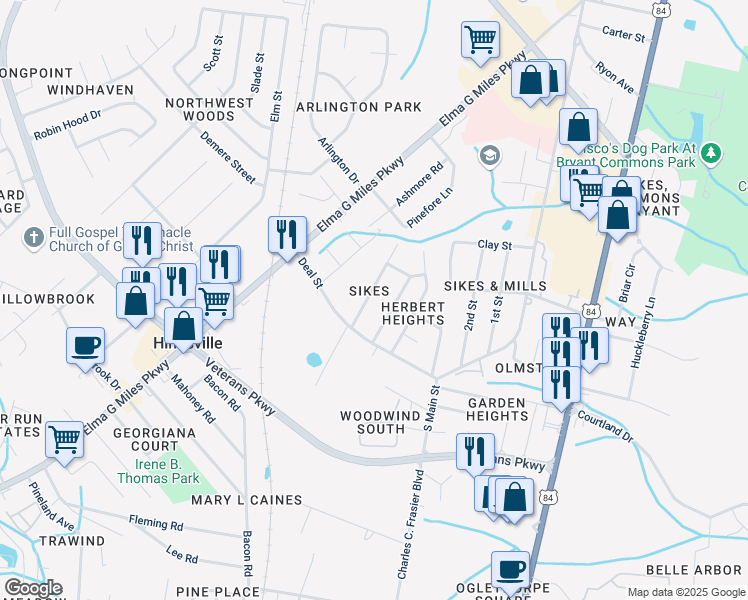 map of restaurants, bars, coffee shops, grocery stores, and more near 636 Caines Road in Hinesville