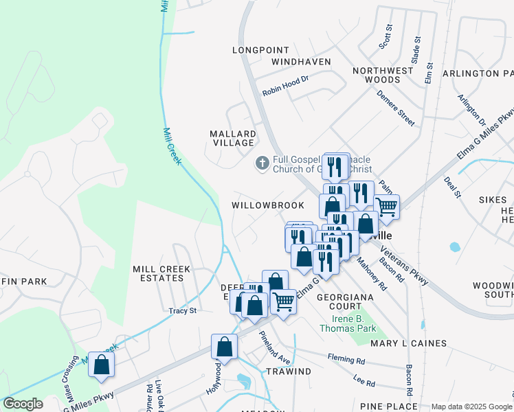 map of restaurants, bars, coffee shops, grocery stores, and more near 905 Willowbrook Drive in Hinesville