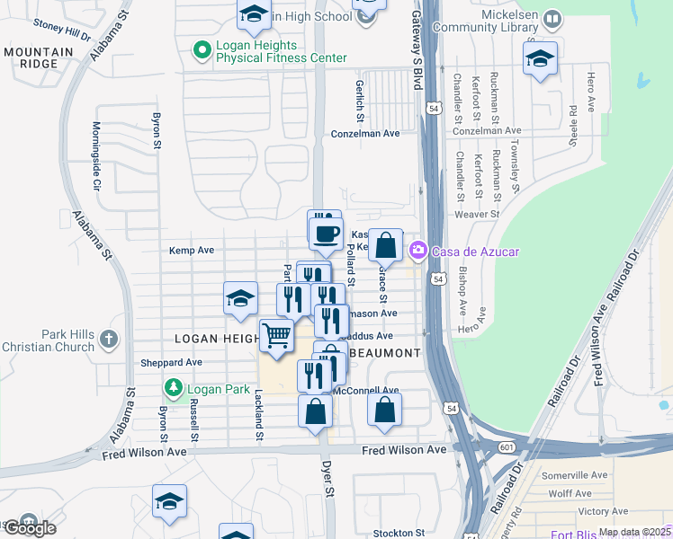 map of restaurants, bars, coffee shops, grocery stores, and more near 4008 Leavell Avenue in El Paso