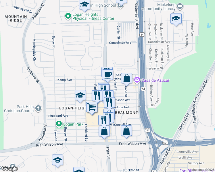 map of restaurants, bars, coffee shops, grocery stores, and more near 4008 Leavell Avenue in El Paso