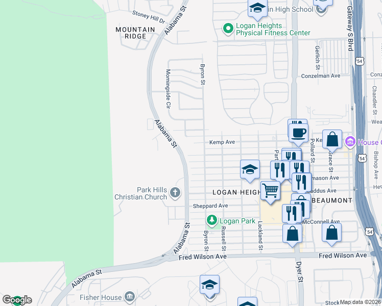 map of restaurants, bars, coffee shops, grocery stores, and more near 3417 Leavell Avenue in El Paso