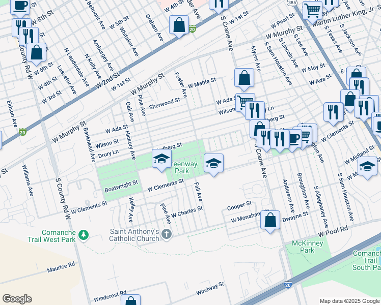 map of restaurants, bars, coffee shops, grocery stores, and more near 1108 Clifford Street in Odessa