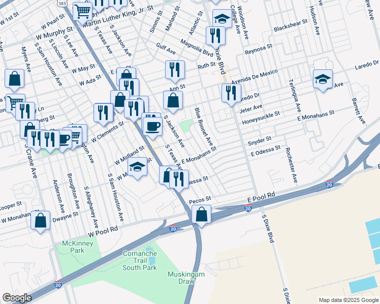 map of restaurants, bars, coffee shops, grocery stores, and more near 1313 South Jackson Avenue in Odessa