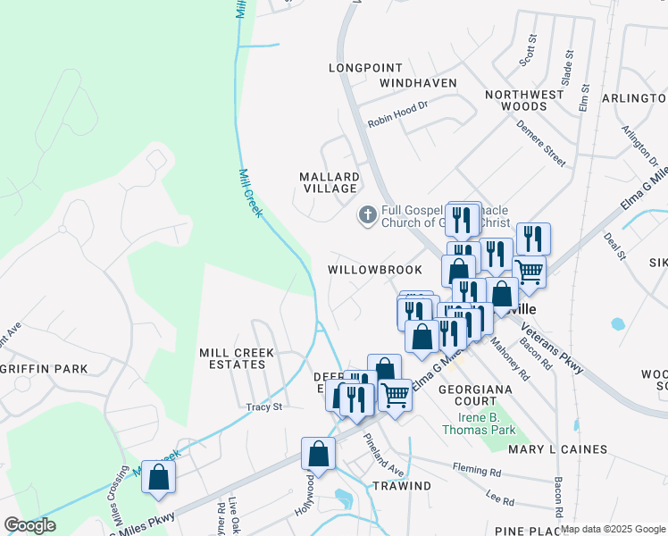 map of restaurants, bars, coffee shops, grocery stores, and more near 956 Gulfstream Road in Hinesville