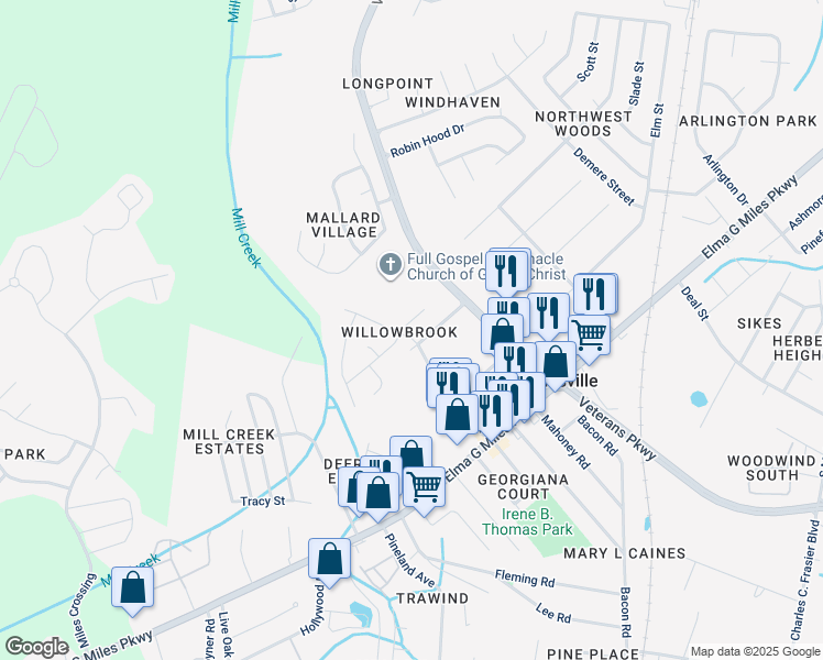 map of restaurants, bars, coffee shops, grocery stores, and more near 800 Malibu Drive in Hinesville