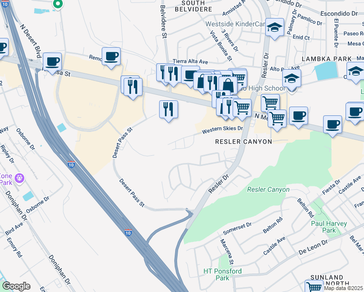 map of restaurants, bars, coffee shops, grocery stores, and more near 150 Silver Shadow Drive in El Paso