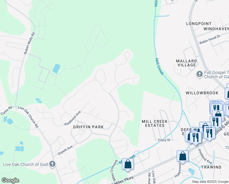 map of restaurants, bars, coffee shops, grocery stores, and more near Waterlily Court in Hinesville