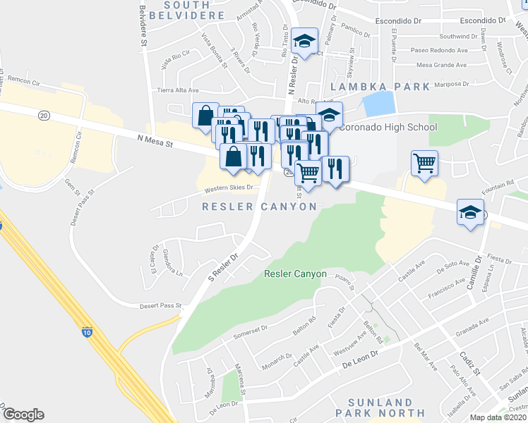 map of restaurants, bars, coffee shops, grocery stores, and more near 203 Montego Bay Drive in El Paso