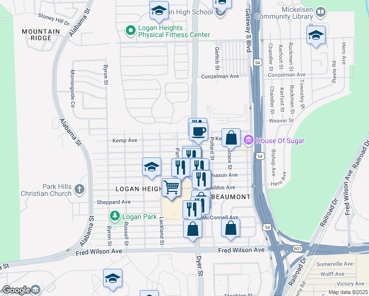 map of restaurants, bars, coffee shops, grocery stores, and more near 3916 Leavell Avenue in El Paso