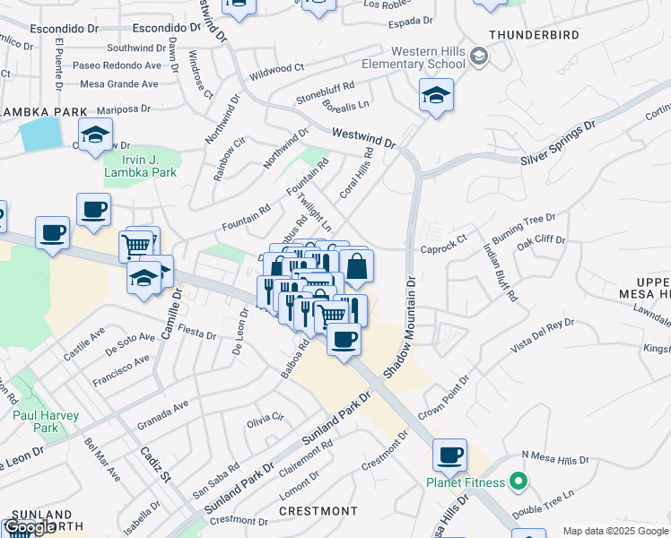 map of restaurants, bars, coffee shops, grocery stores, and more near 6151 Dew Drive in El Paso