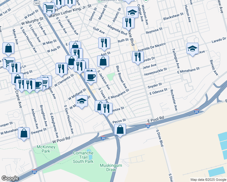 map of restaurants, bars, coffee shops, grocery stores, and more near 1313 South Jackson Avenue in Odessa