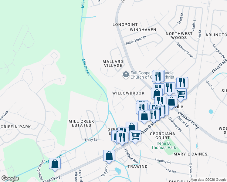 map of restaurants, bars, coffee shops, grocery stores, and more near 956 Gulfstream Road in Hinesville