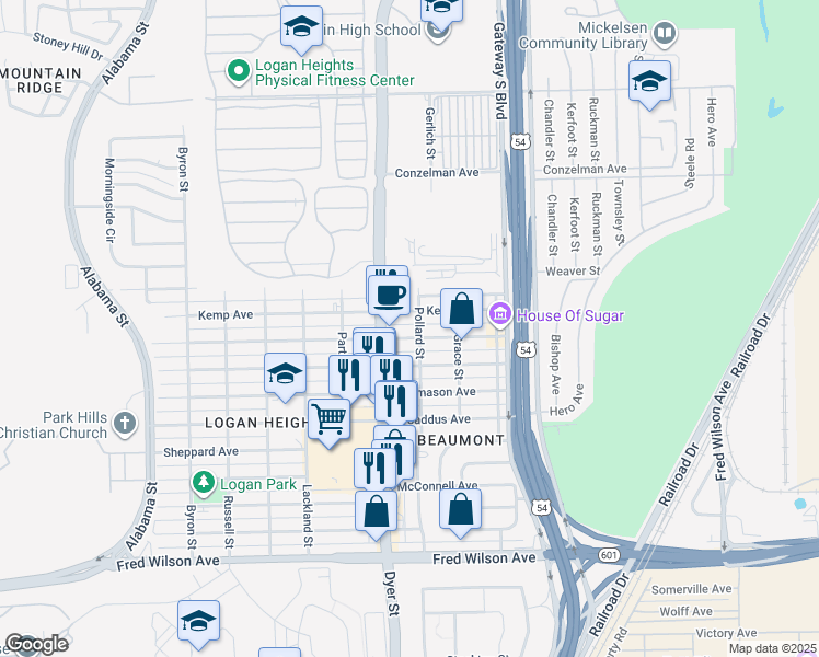 map of restaurants, bars, coffee shops, grocery stores, and more near 4008 Leavell Avenue in El Paso