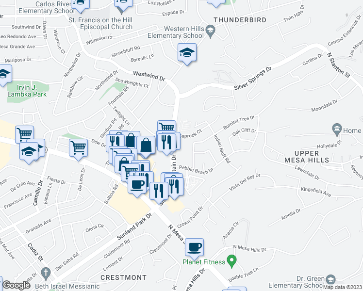 map of restaurants, bars, coffee shops, grocery stores, and more near 272 Shadow Mountain Drive in El Paso