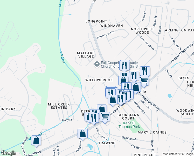map of restaurants, bars, coffee shops, grocery stores, and more near 905 Willowbrook Drive in Hinesville