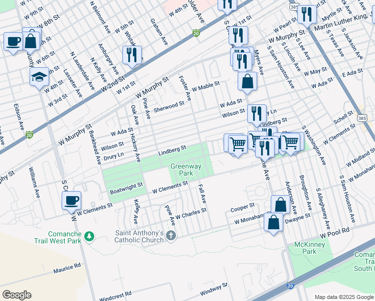 map of restaurants, bars, coffee shops, grocery stores, and more near 1108 Clifford Street in Odessa