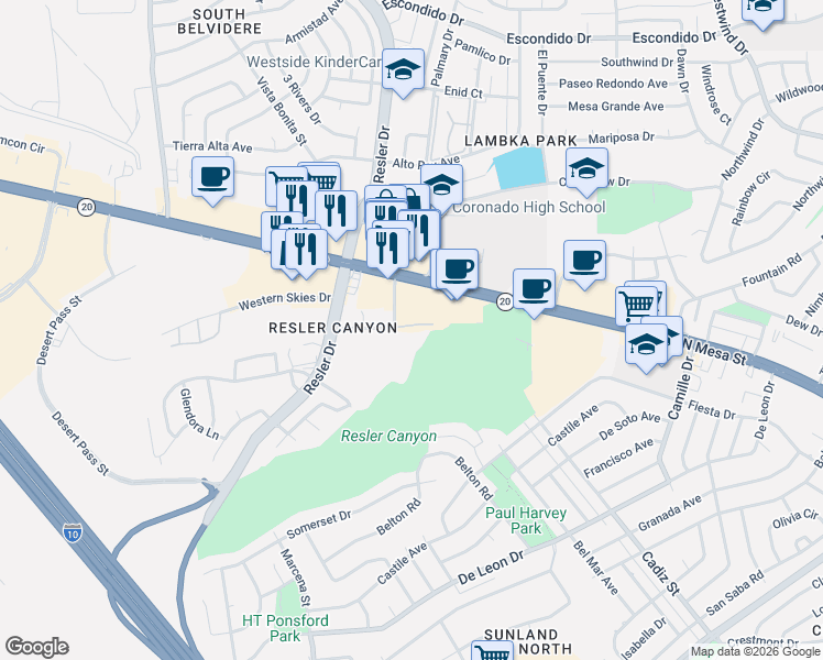 map of restaurants, bars, coffee shops, grocery stores, and more near 216 Maricopa Drive in El Paso