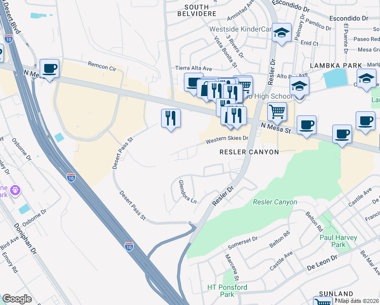 map of restaurants, bars, coffee shops, grocery stores, and more near 108 Desert Skies Place in El Paso