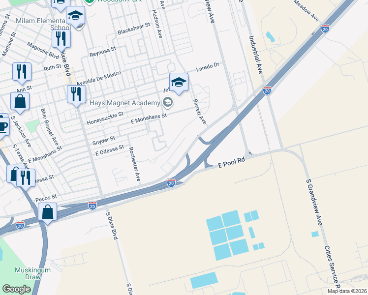 map of restaurants, bars, coffee shops, grocery stores, and more near 1301 East Pool Road in Odessa