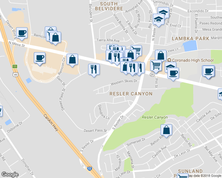 map of restaurants, bars, coffee shops, grocery stores, and more near 104 Silver Shadow Drive in El Paso