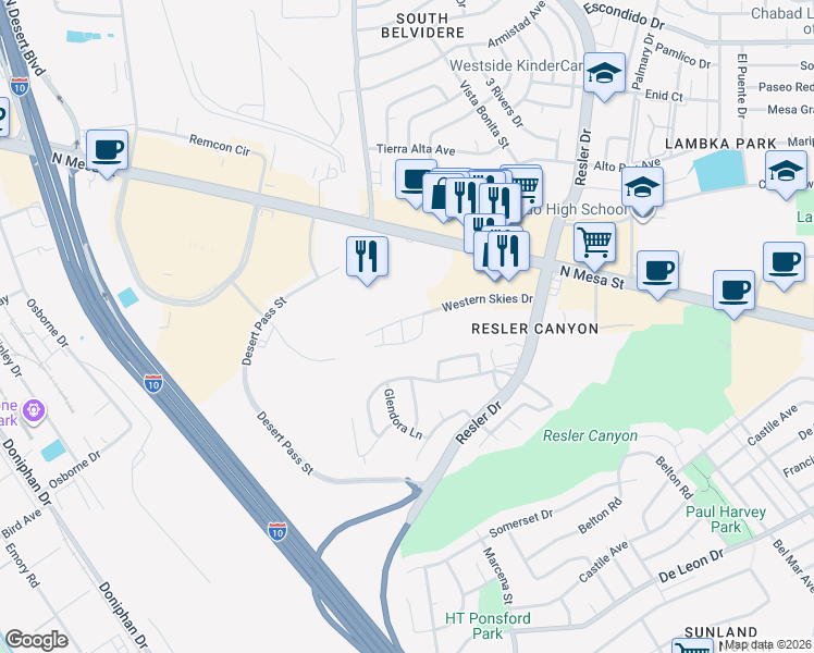 map of restaurants, bars, coffee shops, grocery stores, and more near 104 Desert Skies Place in El Paso