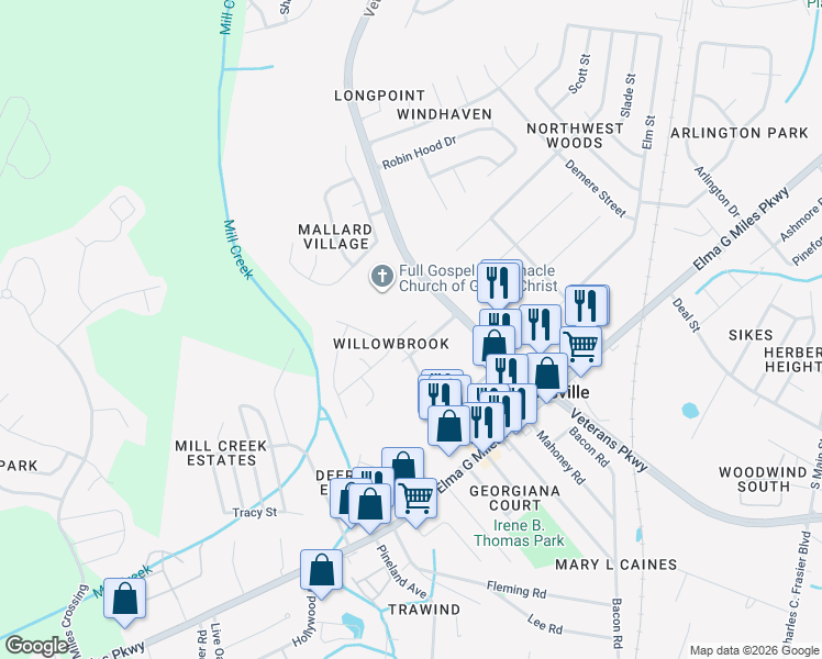map of restaurants, bars, coffee shops, grocery stores, and more near 804 Malibu Drive in Hinesville