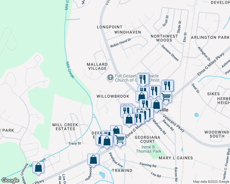 map of restaurants, bars, coffee shops, grocery stores, and more near 805 Malibu Drive in Hinesville