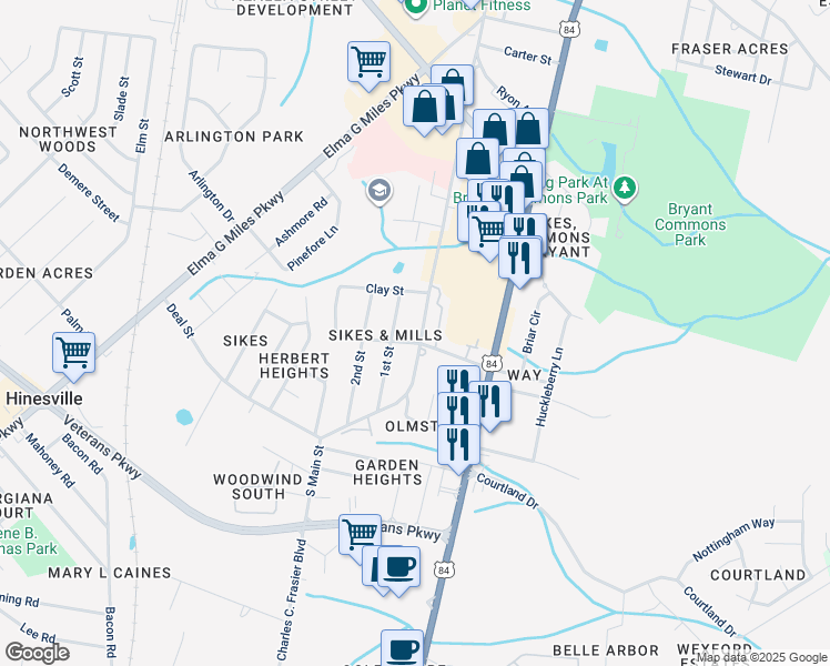 map of restaurants, bars, coffee shops, grocery stores, and more near 553 South Main Street in Hinesville