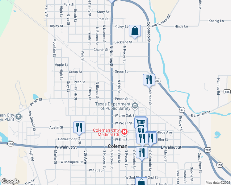 map of restaurants, bars, coffee shops, grocery stores, and more near 217 North Frio Street in Coleman
