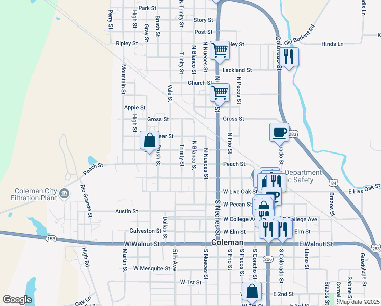 map of restaurants, bars, coffee shops, grocery stores, and more near 302 North Blanco Street in Coleman