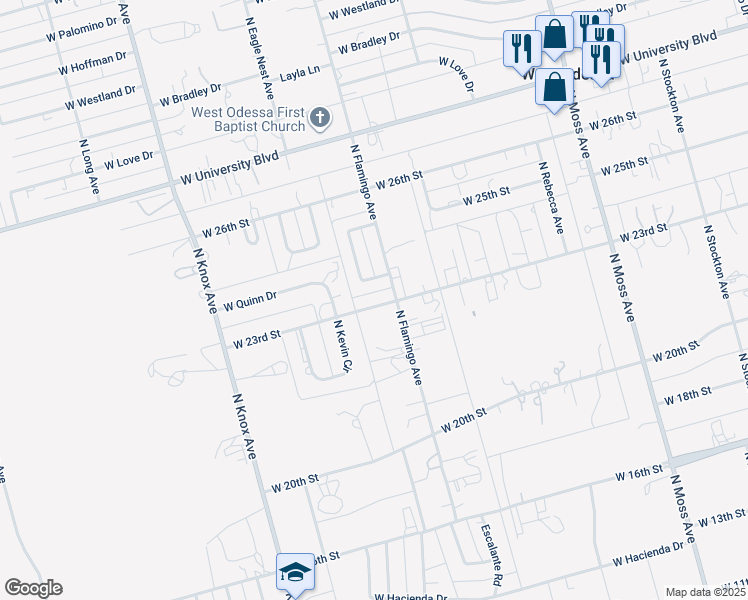 map of restaurants, bars, coffee shops, grocery stores, and more near 21-25 N Broken Bow Cir in Odessa