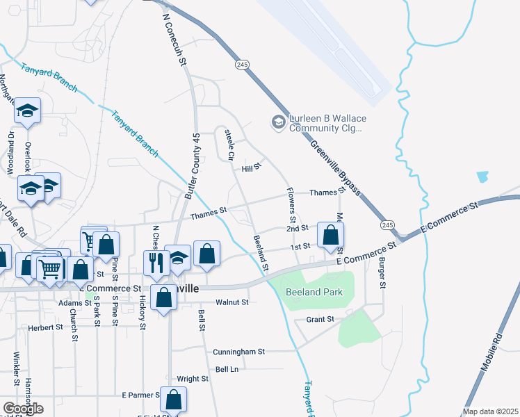 map of restaurants, bars, coffee shops, grocery stores, and more near 601 Thames Street in Greenville