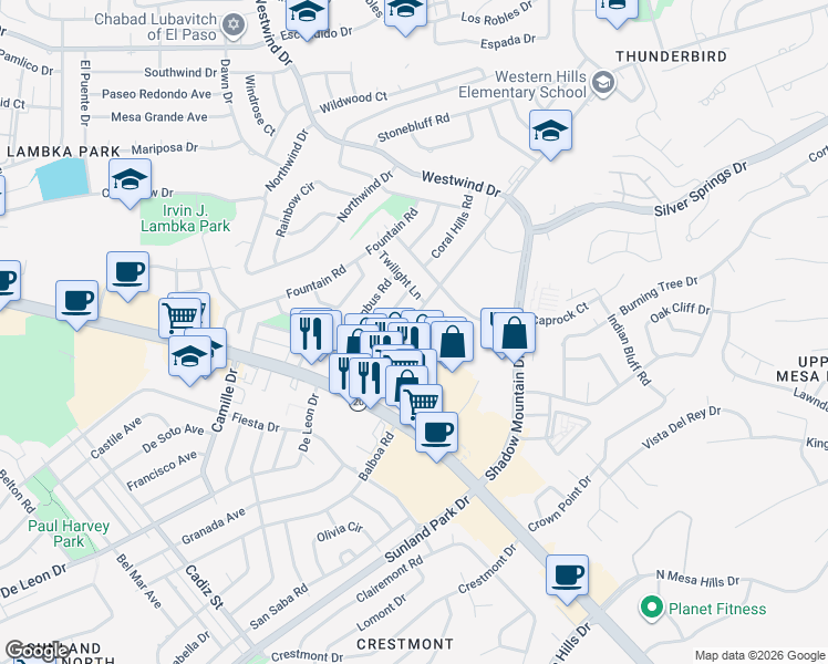 map of restaurants, bars, coffee shops, grocery stores, and more near 233 Thunderbird Drive in El Paso