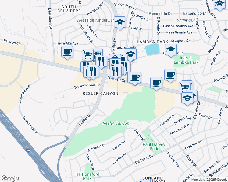 map of restaurants, bars, coffee shops, grocery stores, and more near 6950 Pitt Street in El Paso