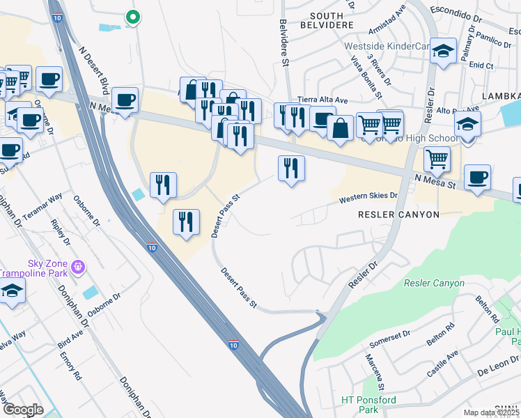 map of restaurants, bars, coffee shops, grocery stores, and more near 200 Desert Pass Street in El Paso