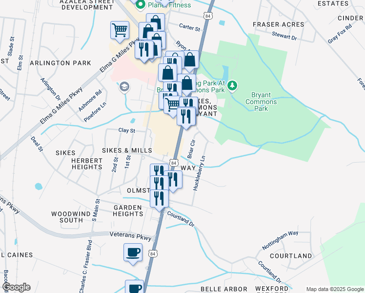 map of restaurants, bars, coffee shops, grocery stores, and more near 565 Briar Circle in Hinesville