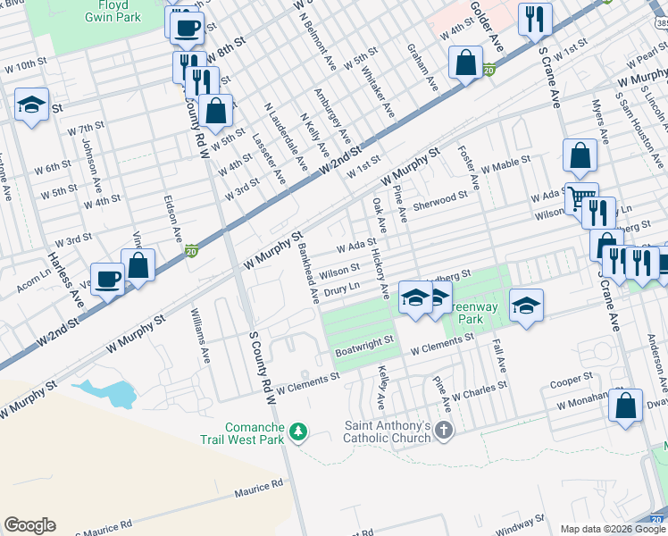 map of restaurants, bars, coffee shops, grocery stores, and more near 1329 W Ada St in Odessa