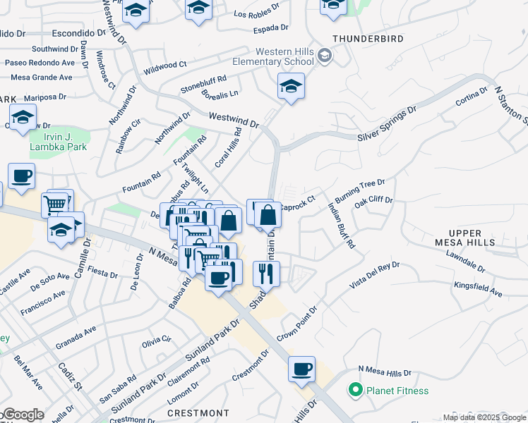 map of restaurants, bars, coffee shops, grocery stores, and more near 301 Shadow Mountain Drive in El Paso