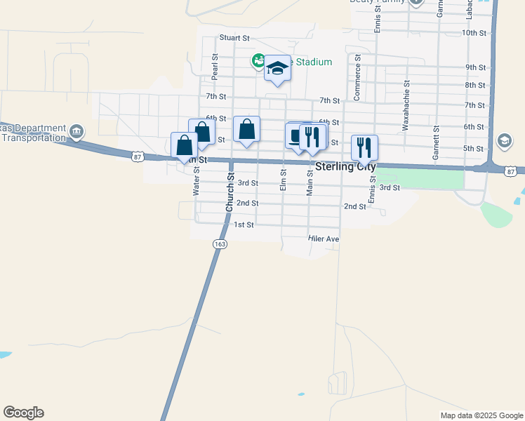 map of restaurants, bars, coffee shops, grocery stores, and more near 201-251 Concho Street in Sterling City