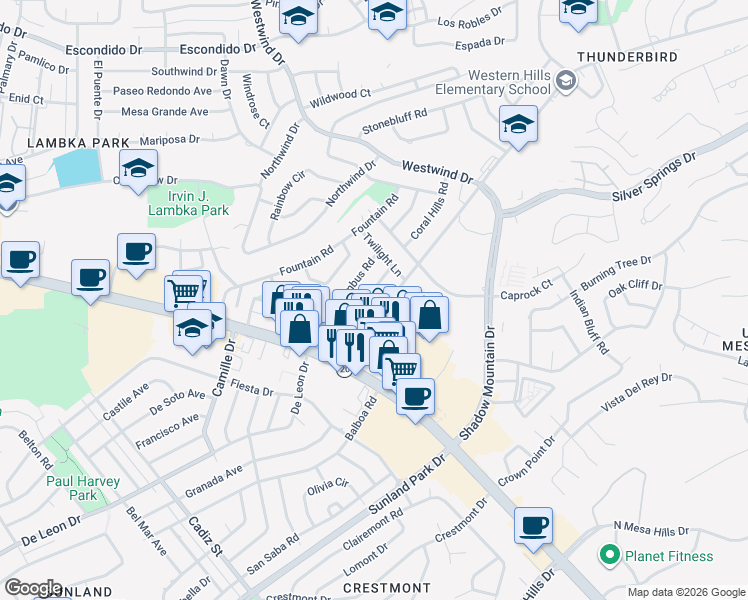 map of restaurants, bars, coffee shops, grocery stores, and more near 220 Nimbus Road in El Paso