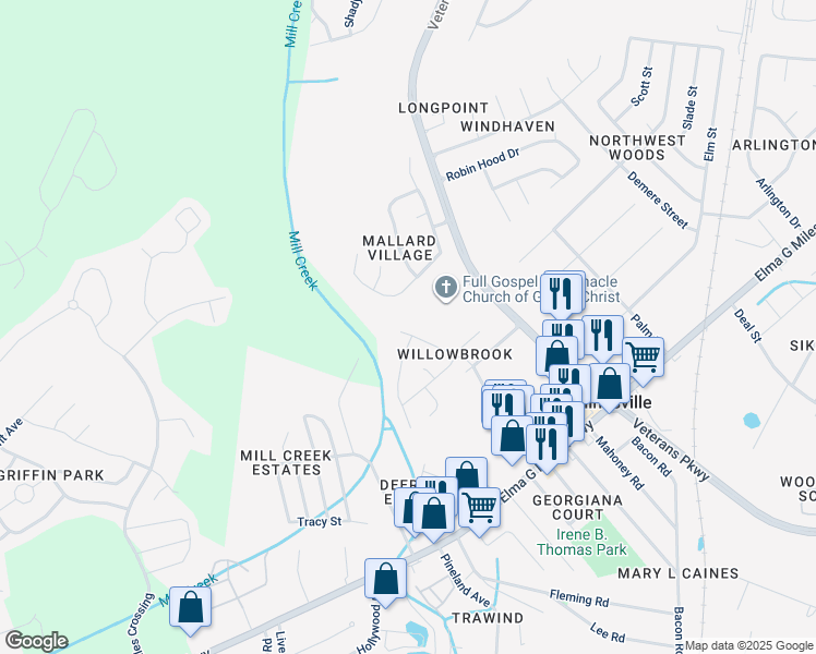 map of restaurants, bars, coffee shops, grocery stores, and more near 918 Willowbrook Drive in Hinesville