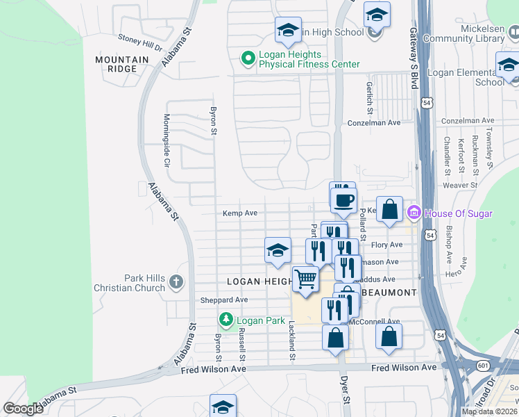 map of restaurants, bars, coffee shops, grocery stores, and more near 3624 Evalyn Avenue in El Paso